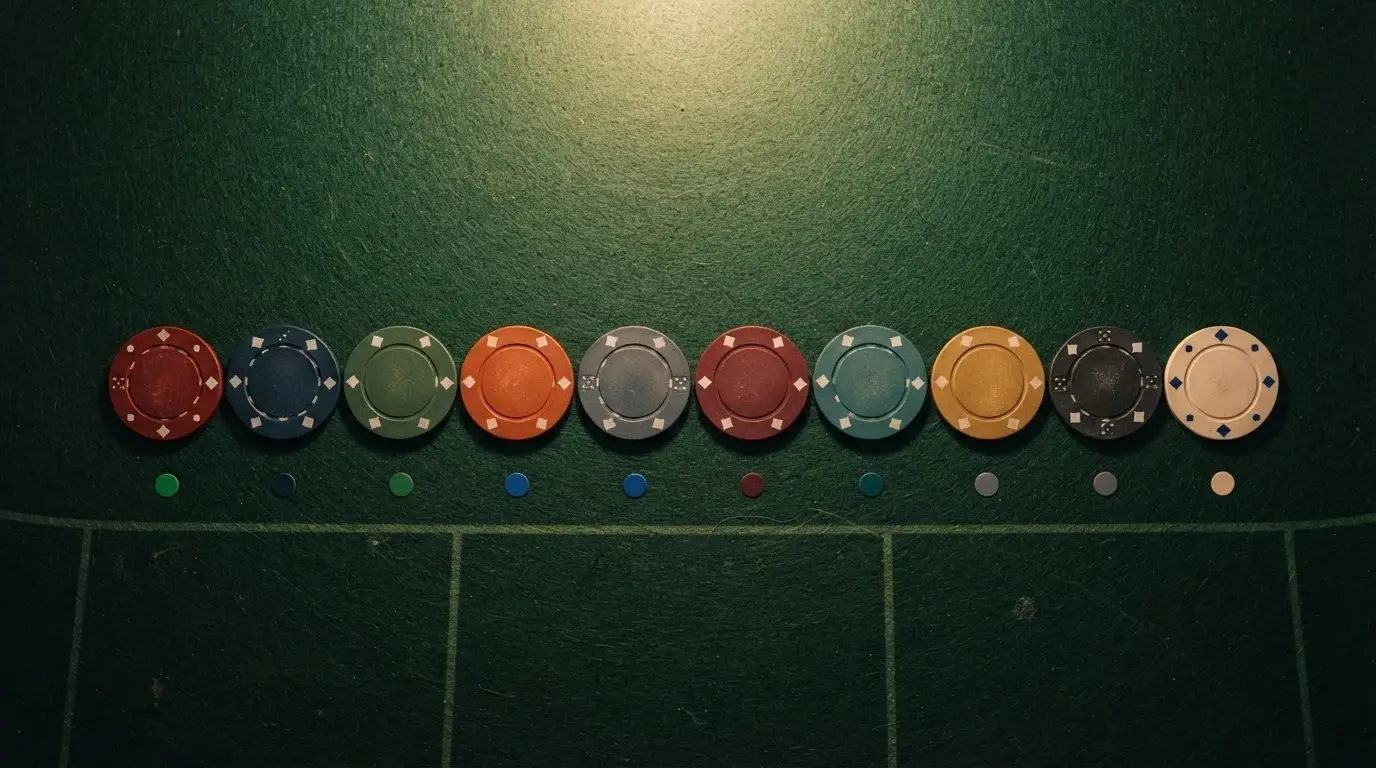 Vista cenital de una mesa con diez fichas de casino alineadas, cada una con el logotipo de un operador del ranking y un código de color que indica su depósito mínimo con Bizum (verde 1 €, azul 5 €, gris 10 €)