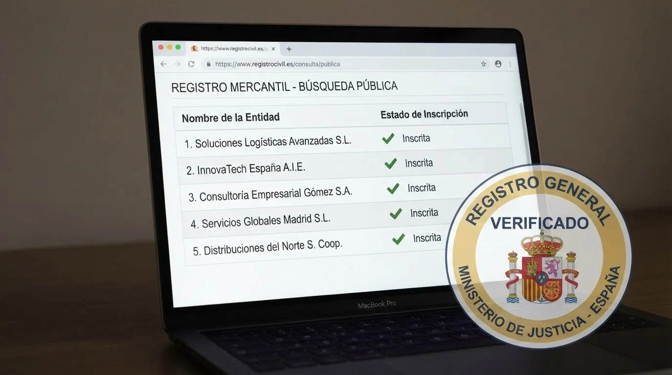 Pantalla del registro público de la DGOJ en ordenacionjuego.es con el listado de operadores autorizados, el dominio .es visible en la barra de direcciones y un sello de verificación superpuesto